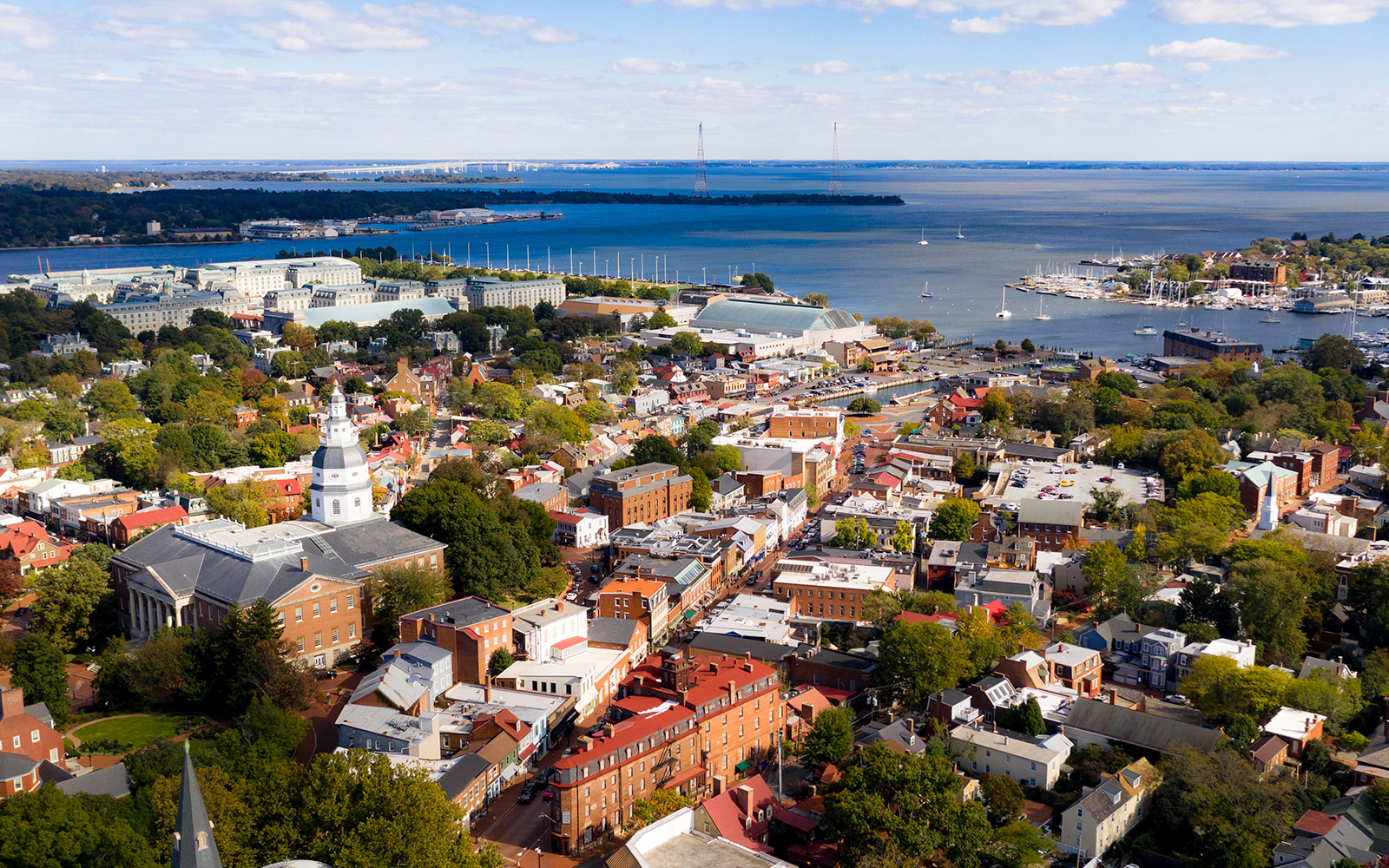 Aerial shot of downtown Annapolis and harbor